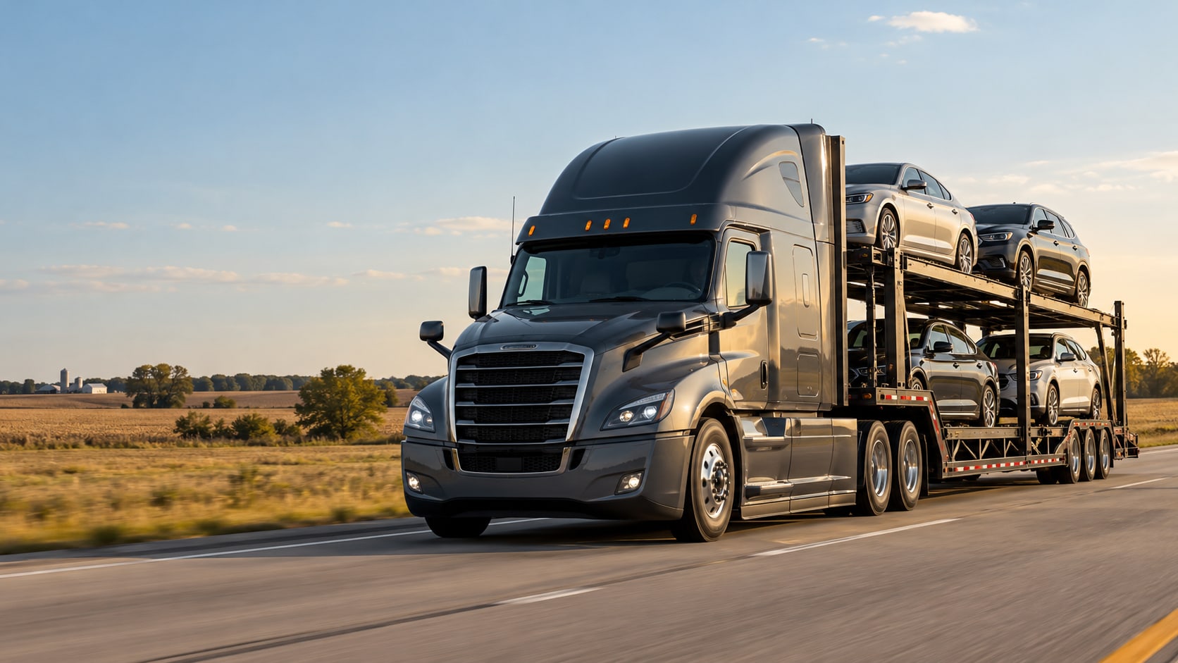 Illustrative scene of a vehicle transport truck on a Midwest highway